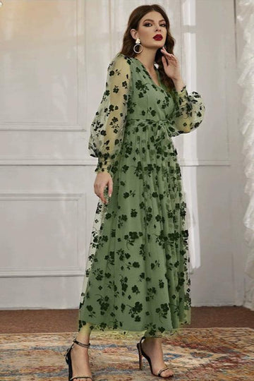 Woochic robe à manches longues col en V tulle dentelle taille haute vert 4 S